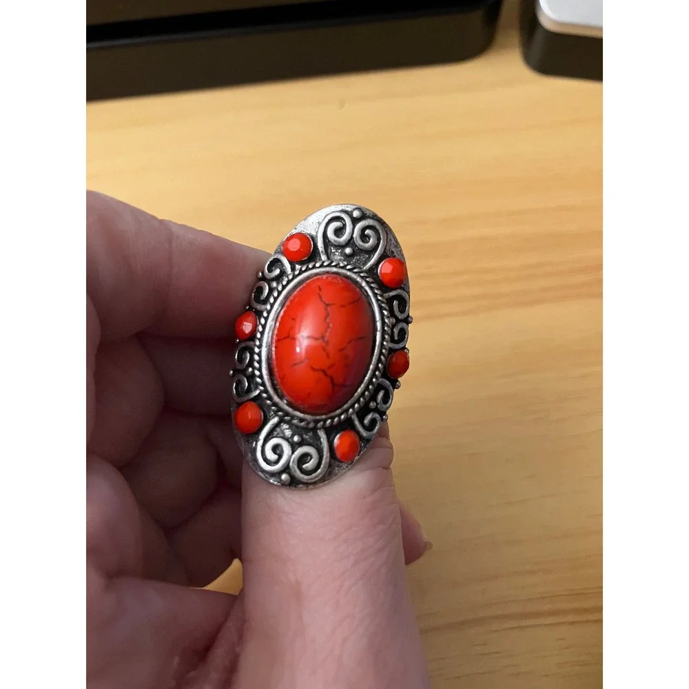 Red Faux Turquoise Statement Ring Silver Tone Adjustable Southwestern Boho Oval